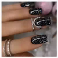 24 Stück Eckige Schwarze Glitzer Kunstnägel Press On Nails m 1 st
