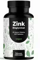 Bloom Naturals Zink Bisglycinat Hochdosiert 400 Tabletten mit Je 25 mg Langzeitvorrat