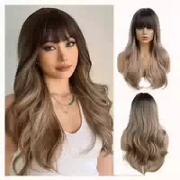 Perücke Lange Locken Dunkelbraun mit Pony Synthetisch Hitzeb 1 st