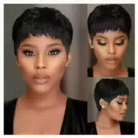 Echthaarperücke Pixie Cut Bob Kleberlos Pony Schwarz 1 st
