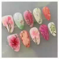 Künstliche Fingernägel Kurz Almond Blau French 3d Blumen Yg1 1 st