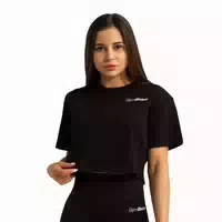 T Shirt Damen Cropped Loose mit Rundem Ausschnitt in Schwarz