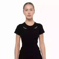 T Shirt Damen Slim Gerippt mit Rundem Ausschnitt in Schwarz
