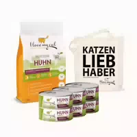 I Love My Cat Ilmc Set mit Huhn Trockenfutter mit Huhn Nassfutter mit Huhn Jute Beutel