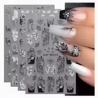 Nagelsticker 6 Blatt Schwarz Weiße Blumen Selbstklebend 1 st