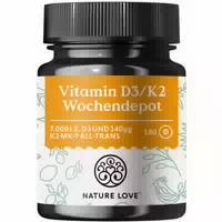 Nature Love Vitamin D3 K2 Wochendepot – 180 Stück – 7000ie D3 140µg K2 Tablette >99,7% All Trans