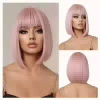 Oufei Hell Rosa Bob Perücke mit Pony Synthetisches Haar für 1 st