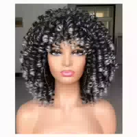 Perücke Afro Kurz Lockig Pony Kunsthaar Klebefrei Ombre Grau 1 st