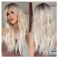 Perücke Lang Blond Gewellt Pony Locken Dunkler Ansatz Ombre 1 st