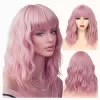 Perücke Bob Kurz Pony Lockig Gewellt Synthetisch Damen Rosa 1 st