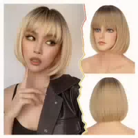 Perücke Bob Pony Blond Kinnlang Dunkle Wurzeln Synthetik Omb 1 st