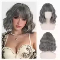 Perücke Bob Pony Damen Synthetisch Lockig 30cm Nebliges Silb 1 st