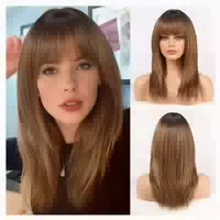 Perücke Damen Gerade Schulterlang Synthetisch Bangs Erdbeerb 1 st