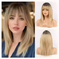 Perücke Damen Gerade Schulterlang Synthetisch Bangs Erdbeerb 1 st