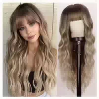 Perücke Damen Lang Gewellt 66cm Locken Pony Braun Ombre Blon 1 st