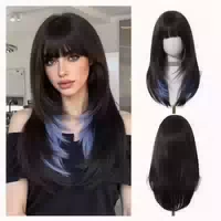 Perücke Damen Pony Synthetik Schwarzbraun mit Blauen Haarspi 1 st