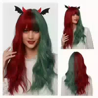 Perücke Kunsthaar Pony Hitzebeständig Halb Rot Halb Grü 1 st