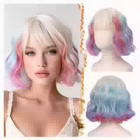 Perücke Kurz Gewellt Pony Lockig Blond Ombre Rosa Blau Lila 1 st