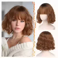 Perücke Kurze Gewellt Pony Synthetisch Lockig French Bob Grü 1 st