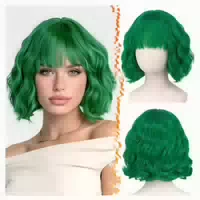 Perücke Kurze Gewellt Pony Synthetisch Lockig French Bob Grü 1 st