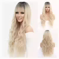 Perücke Lang Blond Gewellt Pony Locken Dunkler Ansatz Ombre 1 st