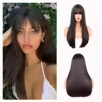 Perücke Lang Braun Glatt Synthetisch Bangs Damen Dunkelbraun 1 st