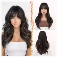 Perücke Lang Pony Synthetisch Gewellt 50cm Braun mit Blond H 1 st