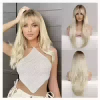 Perücke Platinblond Pony Ombre Lang Gerade Langes Kraus Plat 1 st