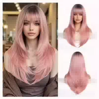 Perücke Damen Lang Wellig Lockig Synthetisch Bangs Pink 1 st