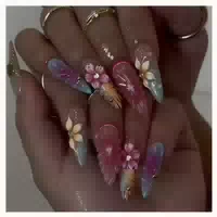Press On Nagel 24er Kurz Mandelform 3d Blumen Wellen Glossy 1 st