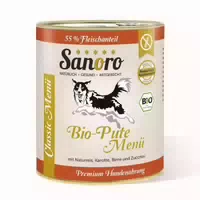 Sanoro Menü Classic Von Der Bio Pute Mit 55 % Fleischanteil, Bio Naturreis Und Bio Karotte