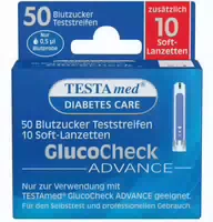 Testamed Glucocheck Advance Teststreifen mit 10 Soft Lanzetten