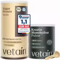 Vetain Vorteilsset: Vegan Proteinpulver Vanille Kreatin Monohydrat – 21g Eiweiß – ohne Zusätze